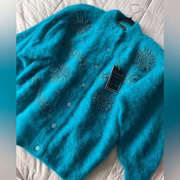 Rare Vintage Angora Embroidered Beaded NWT Dead-stock Turquoise Cardigan M - Picture 7 of 16